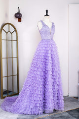 Lavender Plunging V Neck Appliques Layers Long Evening Prom Dresses with Slit