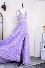 Lavender Plunging V Neck Appliques Layers Long Evening Prom Dresses with Slit