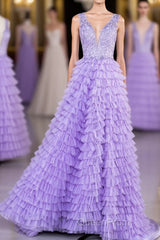 Lavender Plunging V Neck Appliques Layers Long Evening Prom Dresses with Slit