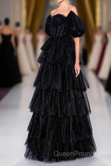 Saprkly Black Off-Shoulder Puff Sleeves Layers Long Evening Prom Dresses