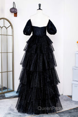 Saprkly Black Off-Shoulder Puff Sleeves Layers Long Evening Prom Dresses