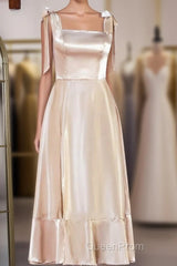 Champagne Bow Tie Straps A-line Satin Tea-Length Bridesmaid Dresses