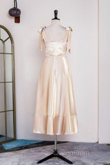 Champagne Bow Tie Straps A-line Satin Tea-Length Bridesmaid Dresses