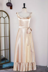 Champagne Sleeveless Ruffled A-line Tea-Length Bridesmaid Dresses with Sash