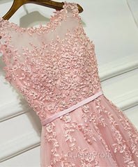 Pink Lace Tulle Long A Line Evening Prom Dresses, Pink Evening Dresses, 1