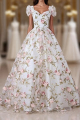 White V Neck 3D Flowers Long Evening Prom Dresses, White Evening Dresses