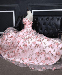 Pink Tulle 3D Flowers Long Evening Prom Dresses, Pink Evening Dresses