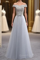 A Line Lace Tulle Off Shoulder Long Evening Prom Dresses, Evening Dresses