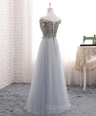 A Line Lace Tulle Off Shoulder Long Evening Prom Dresses, Evening Dresses