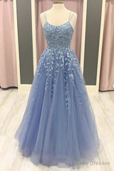 Blue Tulle Lace Applique Long Prom Dress, Lace Formal Dress