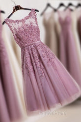 Cute Pink Lace Tulle Short Evening Prom Dresses, Pink Evening Dresses