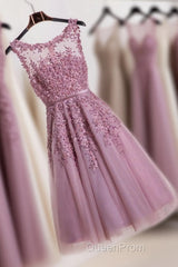 Cute Pink Lace Tulle Short Evening Prom Dresses, Pink Evening Dresses