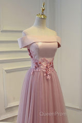 Pink A Line Off Shoulder Floor Length Evening Prom Dresses, Lace Evening Dresses