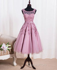 Cute Pink Lace Tulle Short Evening Prom Dresses, Pink Evening Dresses