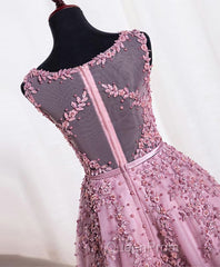 Cute Pink Lace Tulle Short Evening Prom Dresses, Pink Evening Dresses
