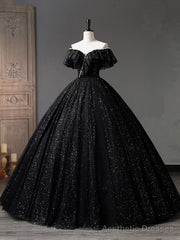Black Tulle Long A-Line Prom Dress, Shiny Off Shoulder Evening Dress