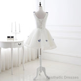 A Line V Neck Sleeveless Appliques Tulle Homecoming Dresses, Short Prom Dresses