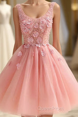 Cute A Line Pink Tulle Pearl Short Evening Prom Dresses, Homecoming Dresses