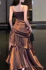 A-Line Brown Prom Dress features spaghetti straps Evening Dresses