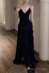 Spaghetti Strap V-Neck Prom Dress Glitter A-Line Maxi Dress