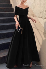 Simple V-neck Short-Sleeve Off Shoulder Long Prom Dress Black A-Line Evening Dress