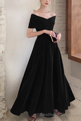 Simple V-neck Short-Sleeve Off Shoulder Long Prom Dress Black A-Line Evening Dress