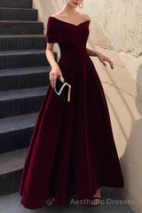 Simple V-neck Short-Sleeve Off Shoulder Long Prom Dress Burgundy A-Line Evening Dress