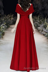 Simple V-neck Short-Sleeve Off Shoulder Long Prom Dress Red A-Line Evening Dress