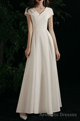 Simple V-neck Short-Sleeve Off Shoulder Long Prom Dress White A-Line Evening Dress