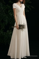 Simple V-neck Short-Sleeve Off Shoulder Long Prom Dress White A-Line Evening Dress