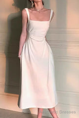 Sleeveless Square Neck Homecoming Dress Ruched A-Line Midi Dress