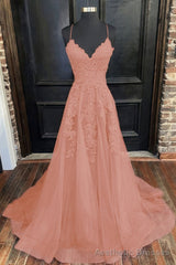 A-Line/Princess V-neck Sweep Train Tulle Evening Dresses With Appliques Lace