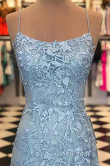 Blue Spaghetti Straps Backless Appliques Evening Prom Dresses