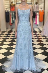 Blue Spaghetti Straps Backless Appliques Evening Prom Dresses