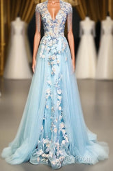 Modest Square Neckline Beading Appliques Sky Blue Long Evening Prom Dresses Pageant Gown