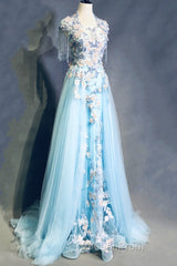 Modest Square Neckline Beading Appliques Sky Blue Long Evening Prom Dresses Pageant Gown