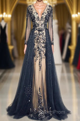 Luxury Long Sleeves V-neck Long Evening Prom Dresses Overskirt Mother Formal Dresses