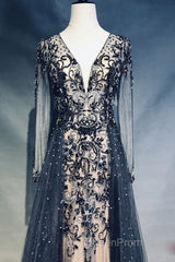 Luxury Long Sleeves V-neck Long Evening Prom Dresses Overskirt Mother Formal Dresses