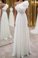 Elegant Ruffles One Shoulder Long Evening Prom Dresses, Chiffon Long Formal Dresses