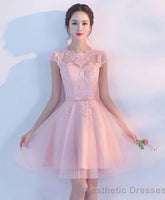 Pink A Line Tulle Lace Short Prom Dress Homecoming Dress 1