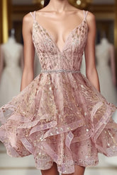 Cute Sequins Pink Homecoming Dresses V-neck Beaded Short Evening Prom Dresses