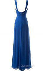 Simple Cheap Blue Sweetheart Long Ruffles Chiffon Bridesmaid Dresses