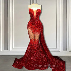 Red Mermaid Style Evening Prom Dresses with Sweetheart Sequins and Ruffle