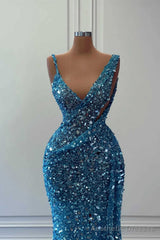 Blue Sleeveless Long Mermaid Sequins Prom Dress