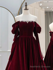 A-Line Long Sleeves Velvet Burgundy Long Prom Dress, Burgundy Long Evening Dress with Beads