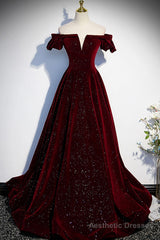 Burgundy Velvet Long Prom Dresses, Off the Shoulder Formal Evening Dresses