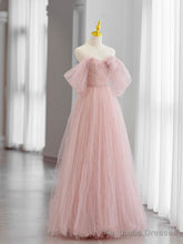 Pink Tulle Long Prom Dress, Beautiful A-Line Off Shoulder Evening Dress