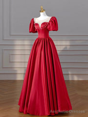 Burgundy Satin Long Prom Dresses, Lovely A-Line Formal Dresses