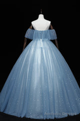 Blue Tulle Lace Long Prom Dresses, A-Line Off the Shoulder Evening Dresses