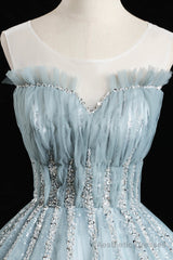 Blue Tulle Sequins Long Prom Dresses, A-Line Evening Dresses